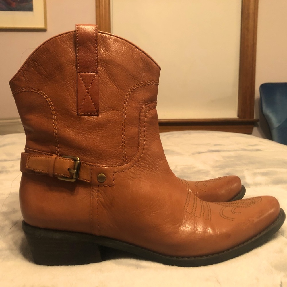 Franco Sarto Brown Leather Cowbow Boots Embroidered Belt